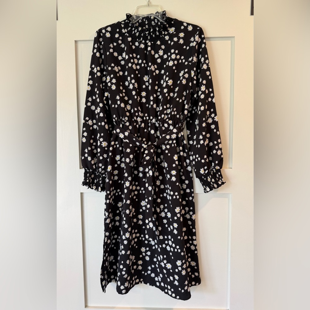 Black Daisy Print Midi Dress - Belted Floral Dress